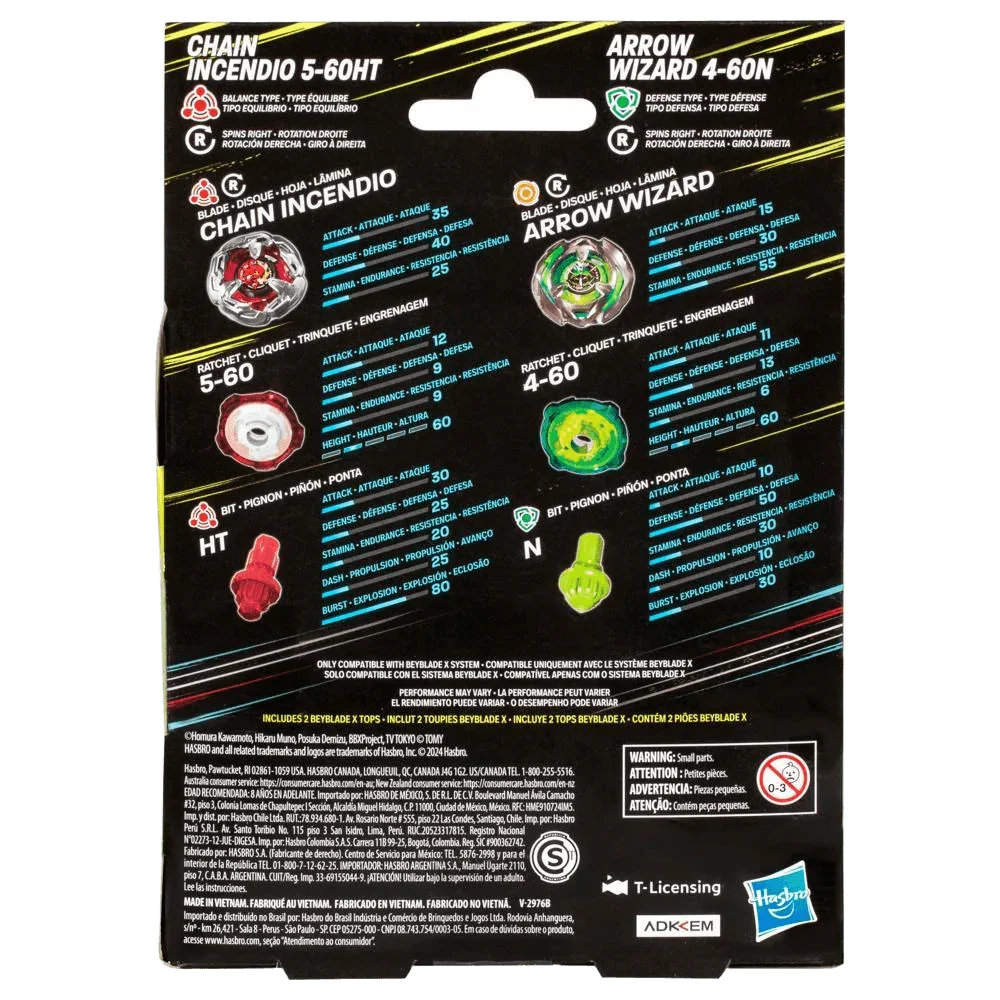 Beyblade X - Dual Pack Set - Chain Incendio 5-60HT and Arrow Wizard 4-60N