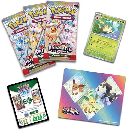 Pokemon TCG: Scarlet & Violet—Prismatic Evolutions Tech Sticker Collection – Leafeon (1 Foil Promo Card & 3 Booster Packs)