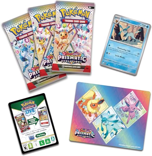 Pokemon TCG: Scarlet & Violet—Prismatic Evolutions Tech Sticker Collection – Glaceon (1 Foil Promo Card & 3 Booster Packs)