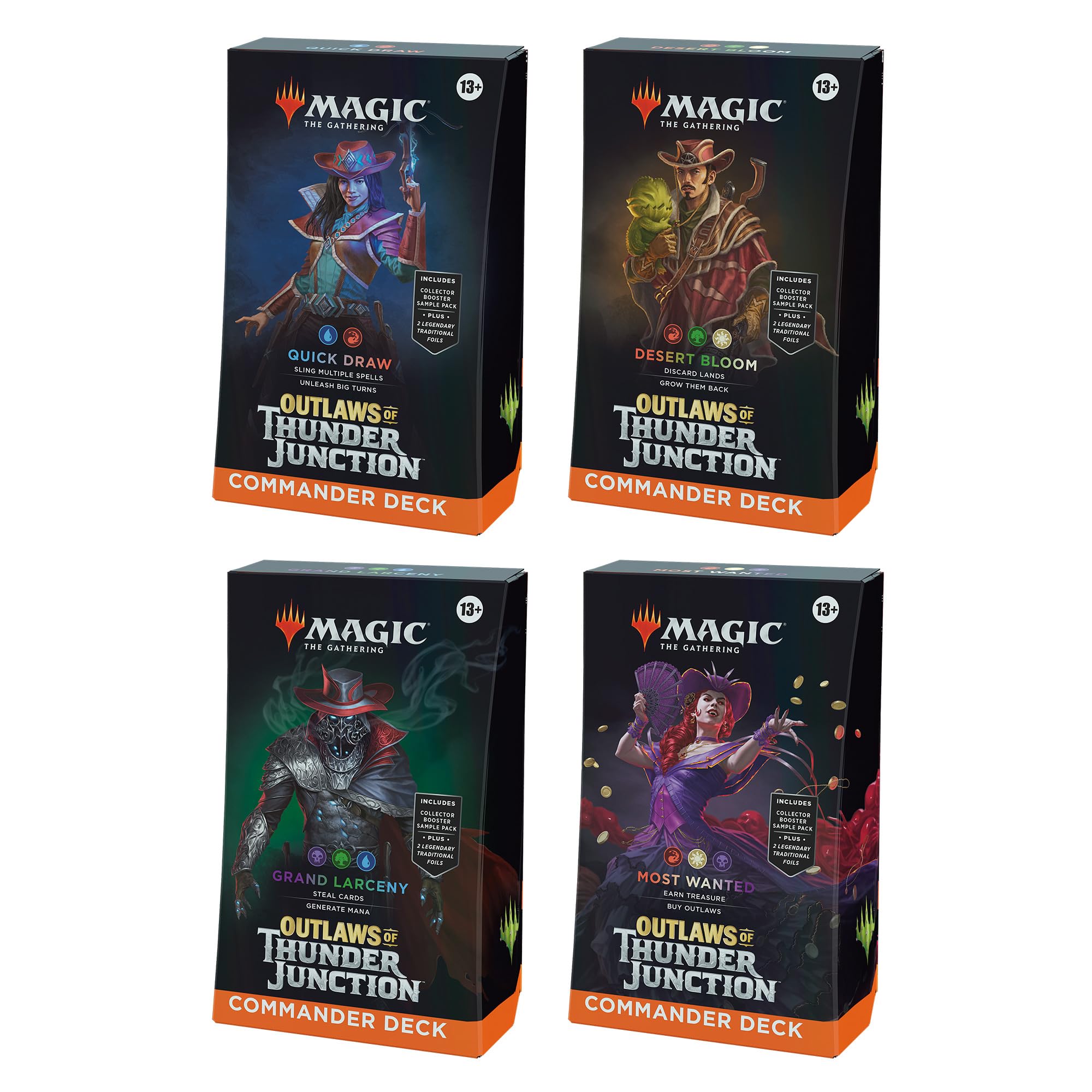 Magic: The Gathering Outlaws of Thunder Junction Commander Deck Bundle - Includes All 4 Decks (Quick Draw, Desert Bloom, Grand Larceny, and Most Wanted)