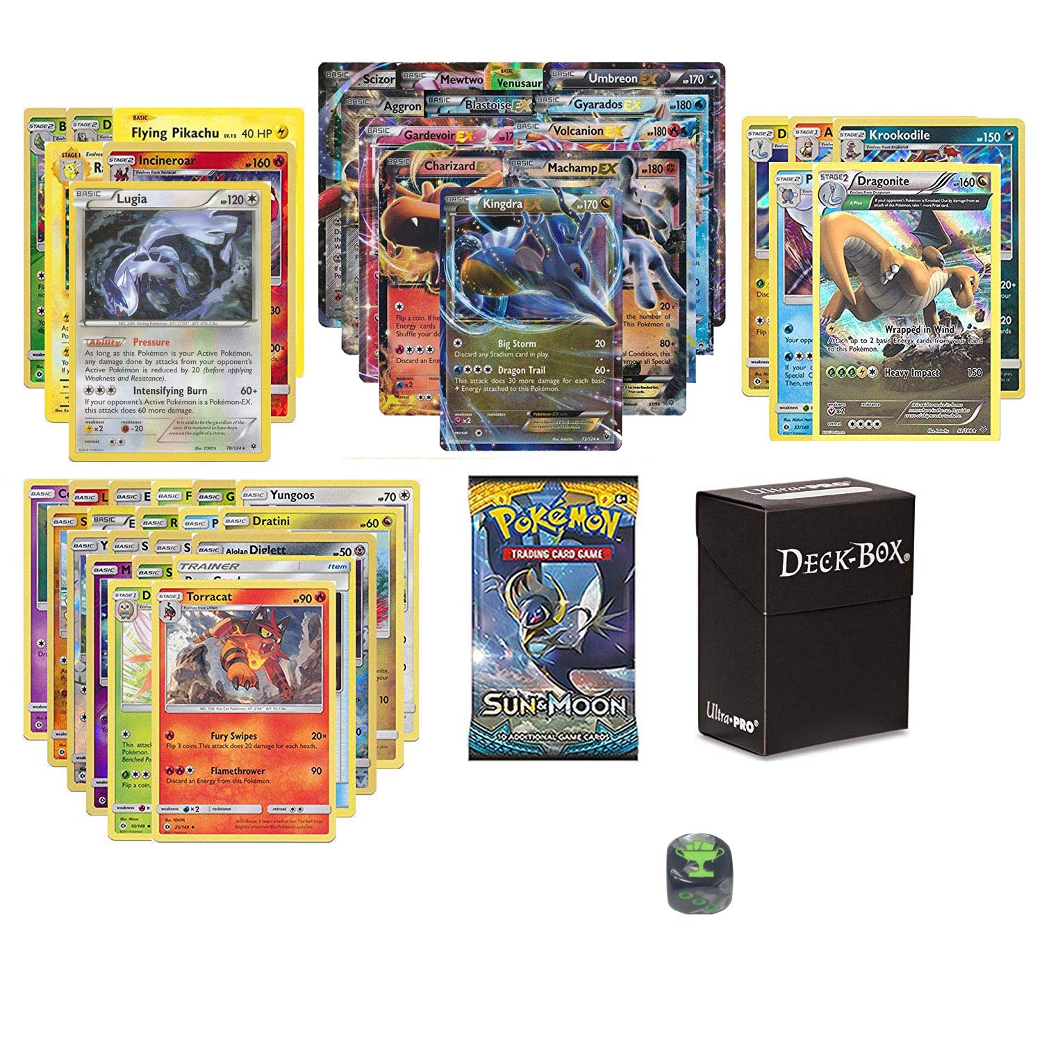 Pokemon EX Guaranteed With Booster Pack, 6 Rare Cards, 5 Reverse Holo, 20 Regular Pokemon, Deck Box and Top Cut Central Exclusive Dice