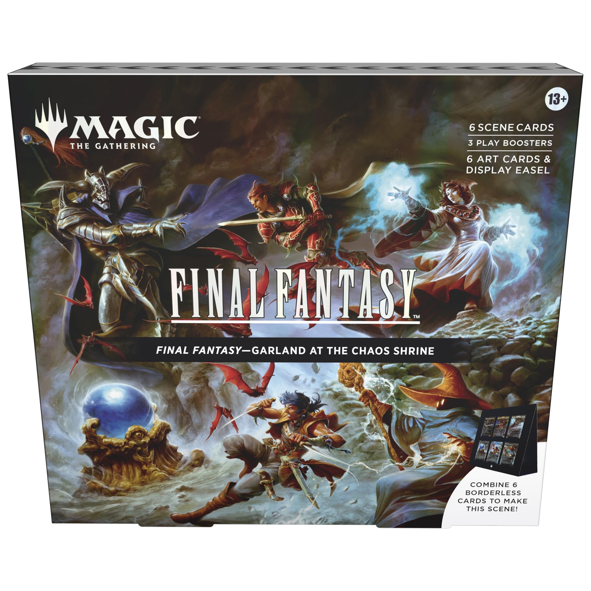 Magic: The Gathering - Final Fantasy Scene Box - Garland at The Chaos Shrine | 6 Foil Borderless Scene Cards, 6 Art Cards, 3 Play Boosters + 1 Display Easel