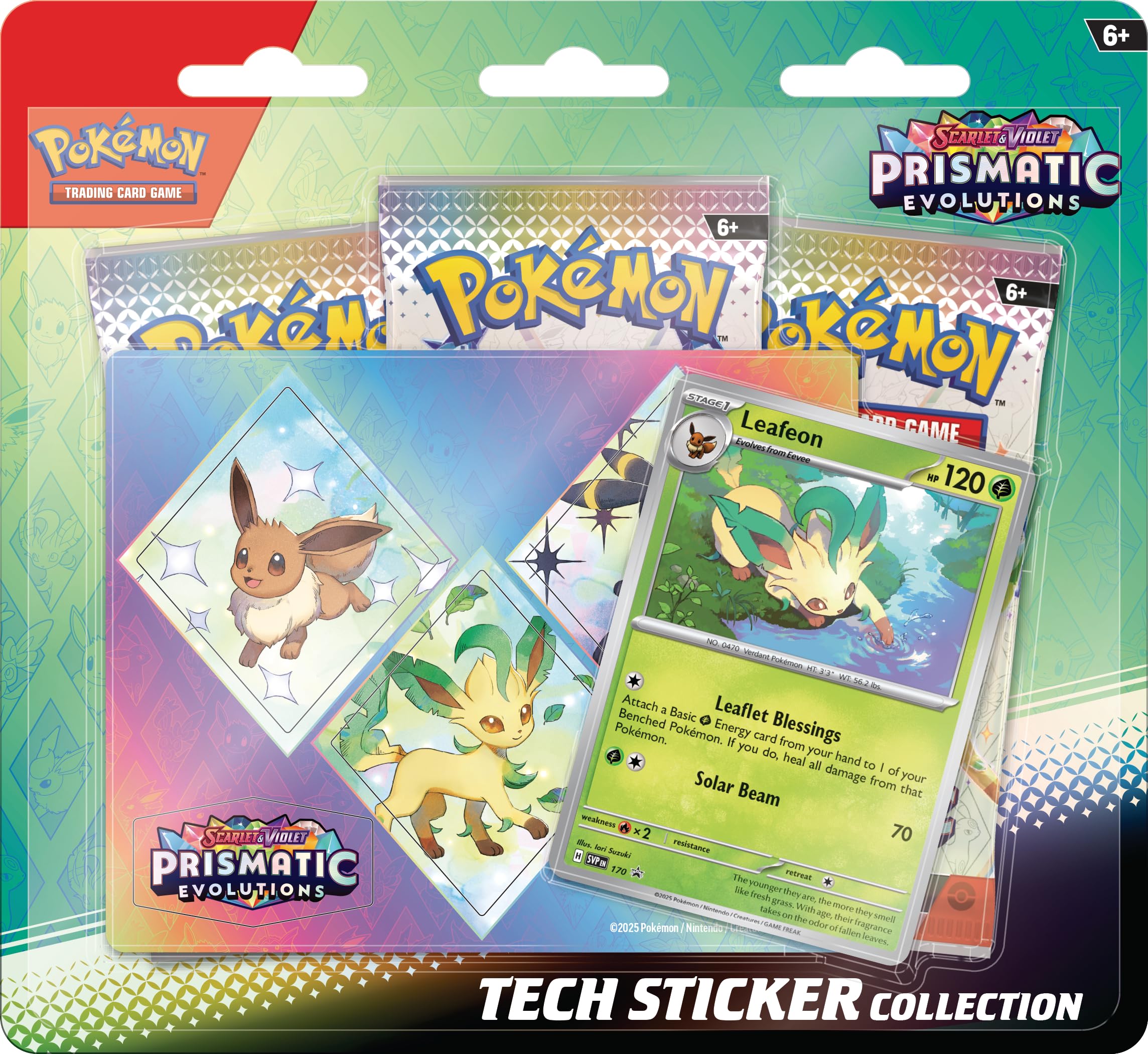Pokemon TCG: Scarlet & Violet—Prismatic Evolutions Tech Sticker Collection – Leafeon (1 Foil Promo Card & 3 Booster Packs)