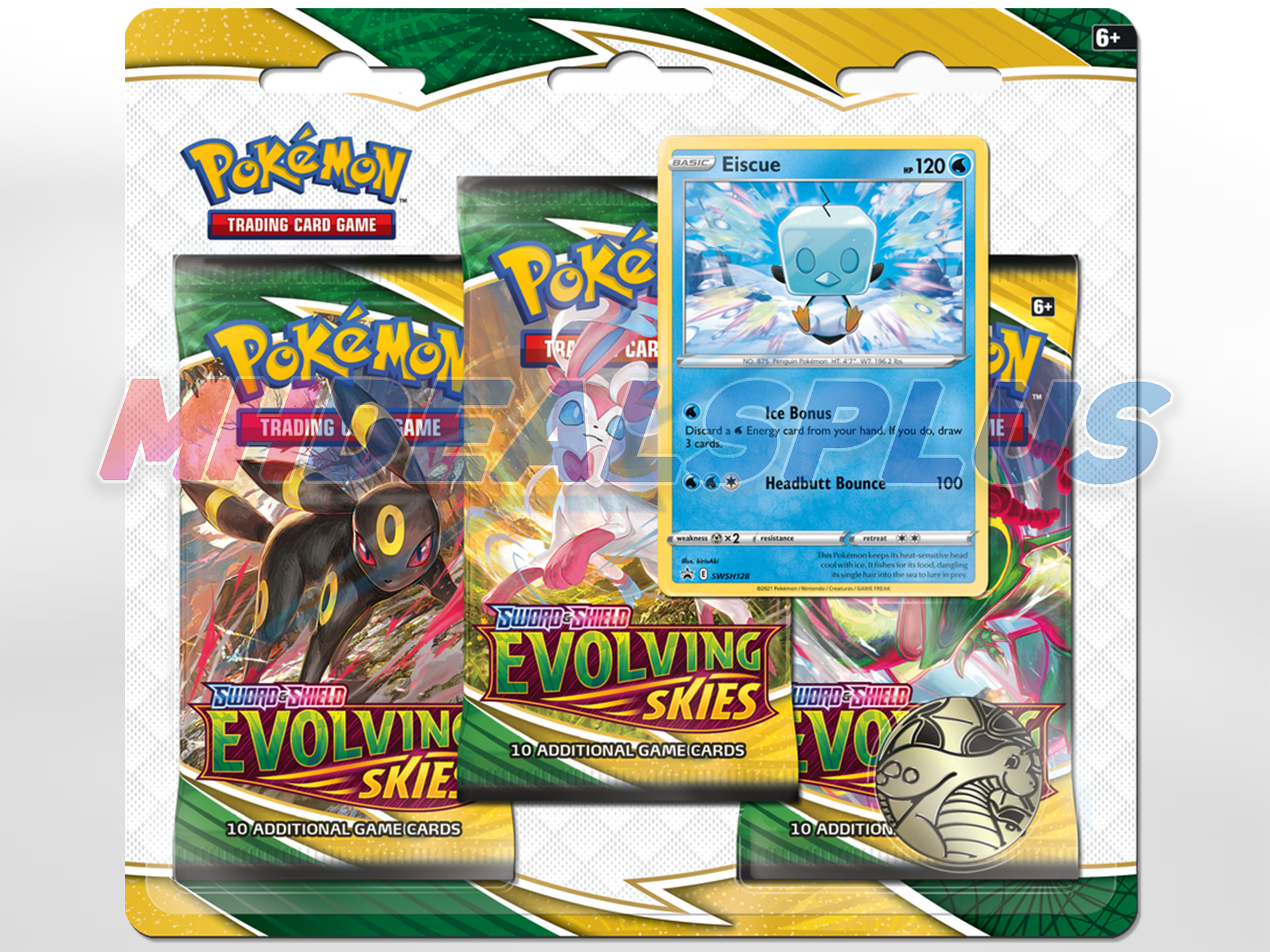 Pokemon TCG Sword & Shield Evolving Skies 3-Pack Blister w/ Umbreon & Eiscue Sealed Case - 24 Blister Packs