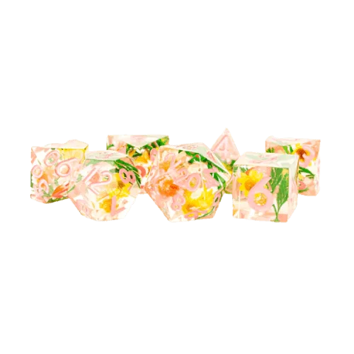 Fanroll - Handcrafted Sharp Edge Resin - Dice Set - Chrysanthemum w/ Pink Numbers
