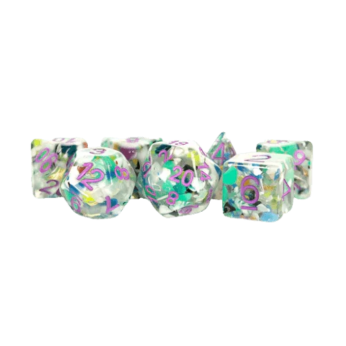 Fanroll - 16mm Resin Polyhedral Dice Set - Recycled Dice w/ Purple Numbers