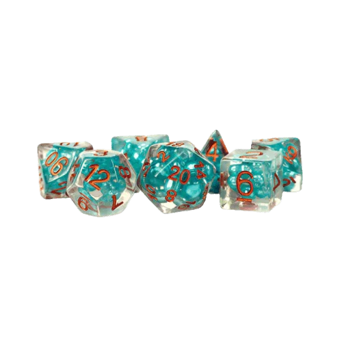 Fanroll - 16mm Resin Polyhedral Dice Set - Pearl: Teal with Copper Numbers