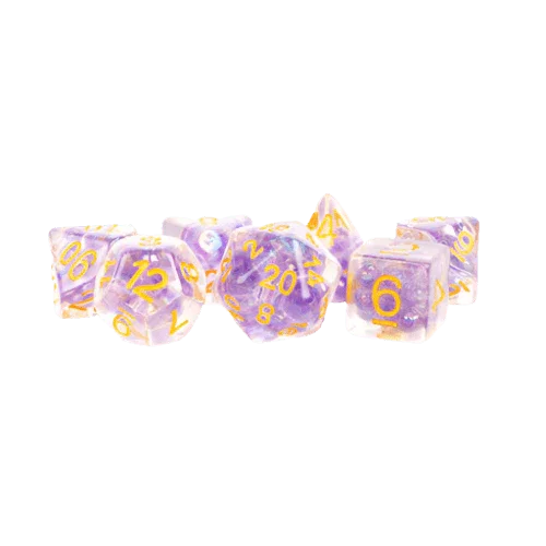 Fanroll - 16mm Resin Polyhedral Dice Set - Pearl: Purple with Gold Numbers